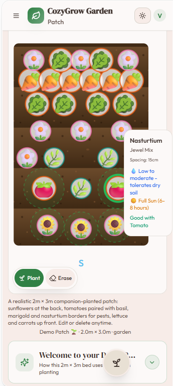 CozyGrow mobile garden patch with a densely planted bed and a Nasturtium care and companion-planting tip