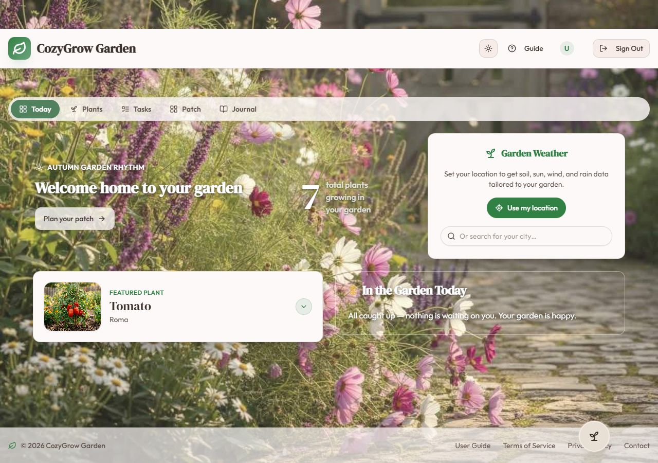 Actual CozyGrow Today screen with the garden overview, featured tomato plant, weather setup, and daily tasks